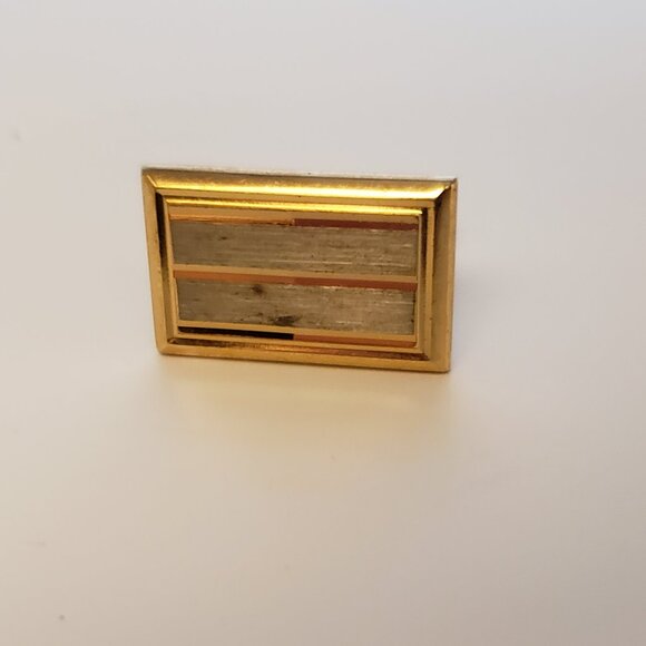 Vintage Two Tone Metal Cufflinks Goldtone Silvertone Brushed Striped Rectangular - Picture 5 of 6